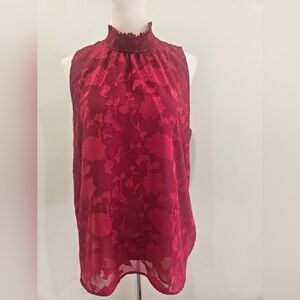 LOFT deep red floral mock‑neck sleeveless blouse — size L
